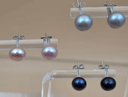Set of 3 Pair Silver/Pink/Blue Iridescent Faux Pearl 8mm Bead Stud Earrings