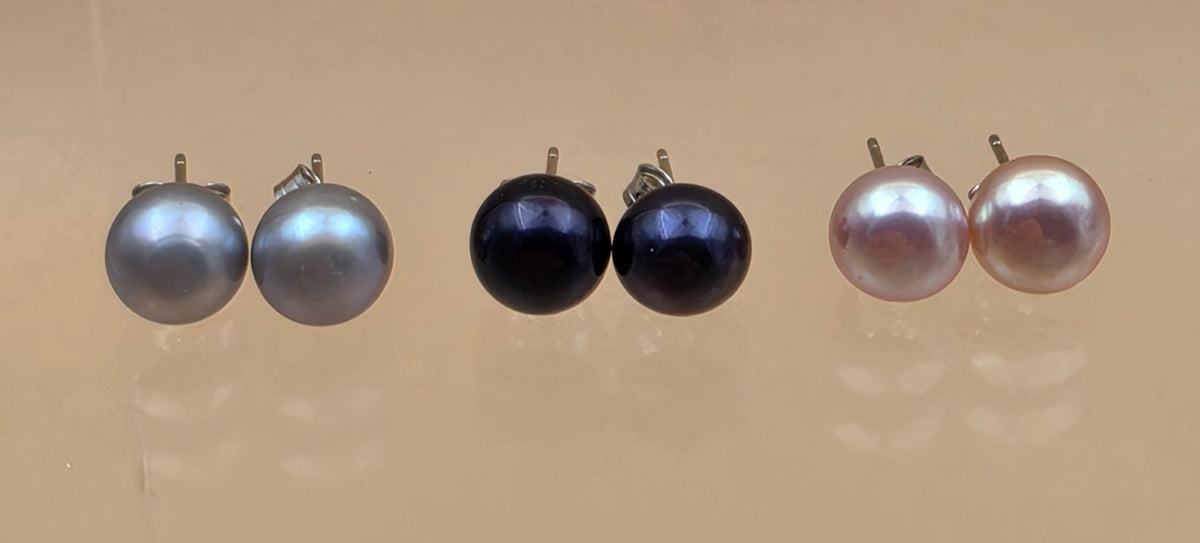 Set of 3 Pair Silver/Pink/Blue Iridescent Faux Pearl 8mm Bead Stud Earrings