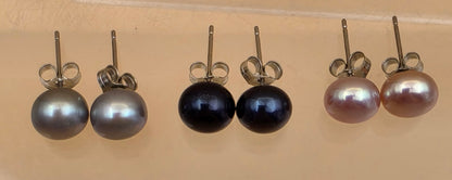 Set of 3 Pair Silver/Pink/Blue Iridescent Faux Pearl 8mm Bead Stud Earrings