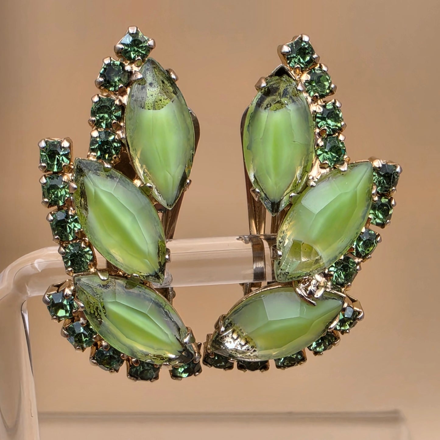 Green Milk Glass Navettes/Green Rhinestone Vintage 1950's-1960's Clip On Earrings