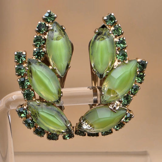 Green Milk Glass Navettes/Green Rhinestone Vintage 1950's-1960's Clip On Earrings