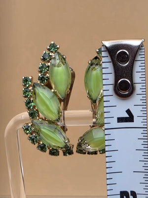 Green Milk Glass Navettes/Green Rhinestone Vintage 1950's-1960's Clip On Earrings