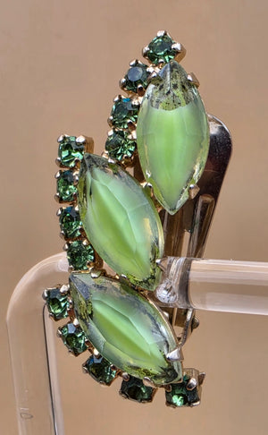 Green Milk Glass Navettes/Green Rhinestone Vintage 1950's-1960's Clip On Earrings
