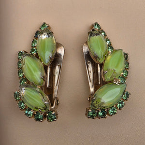 Green Milk Glass Navettes/Green Rhinestone Vintage 1950's-1960's Clip On Earrings
