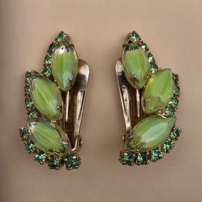 Green Milk Glass Navettes/Green Rhinestone Vintage 1950's-1960's Clip On Earrings