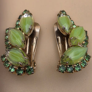 Green Milk Glass Navettes/Green Rhinestone Vintage 1950's-1960's Clip On Earrings
