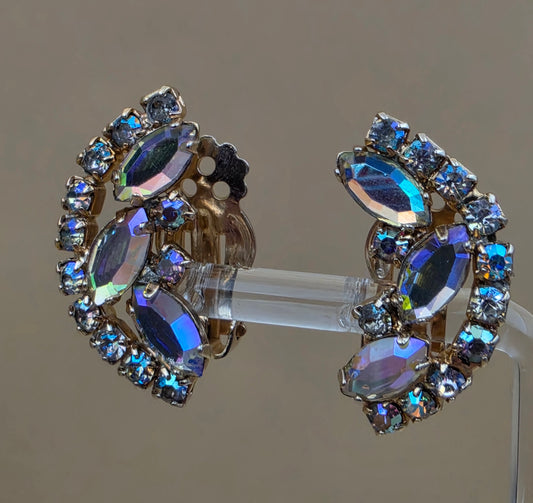 Half Moon Shaped Aurora Borealis/Goldtone Vintage 1950's-60's Clip On Earrings
