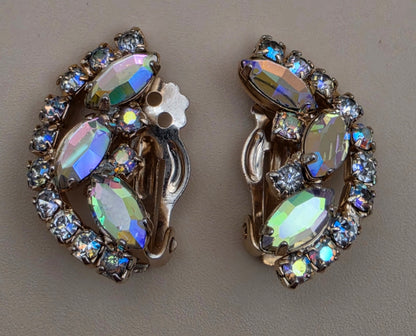 Half Moon Shaped Aurora Borealis/Goldtone Vintage 1950's-60's Clip On Earrings