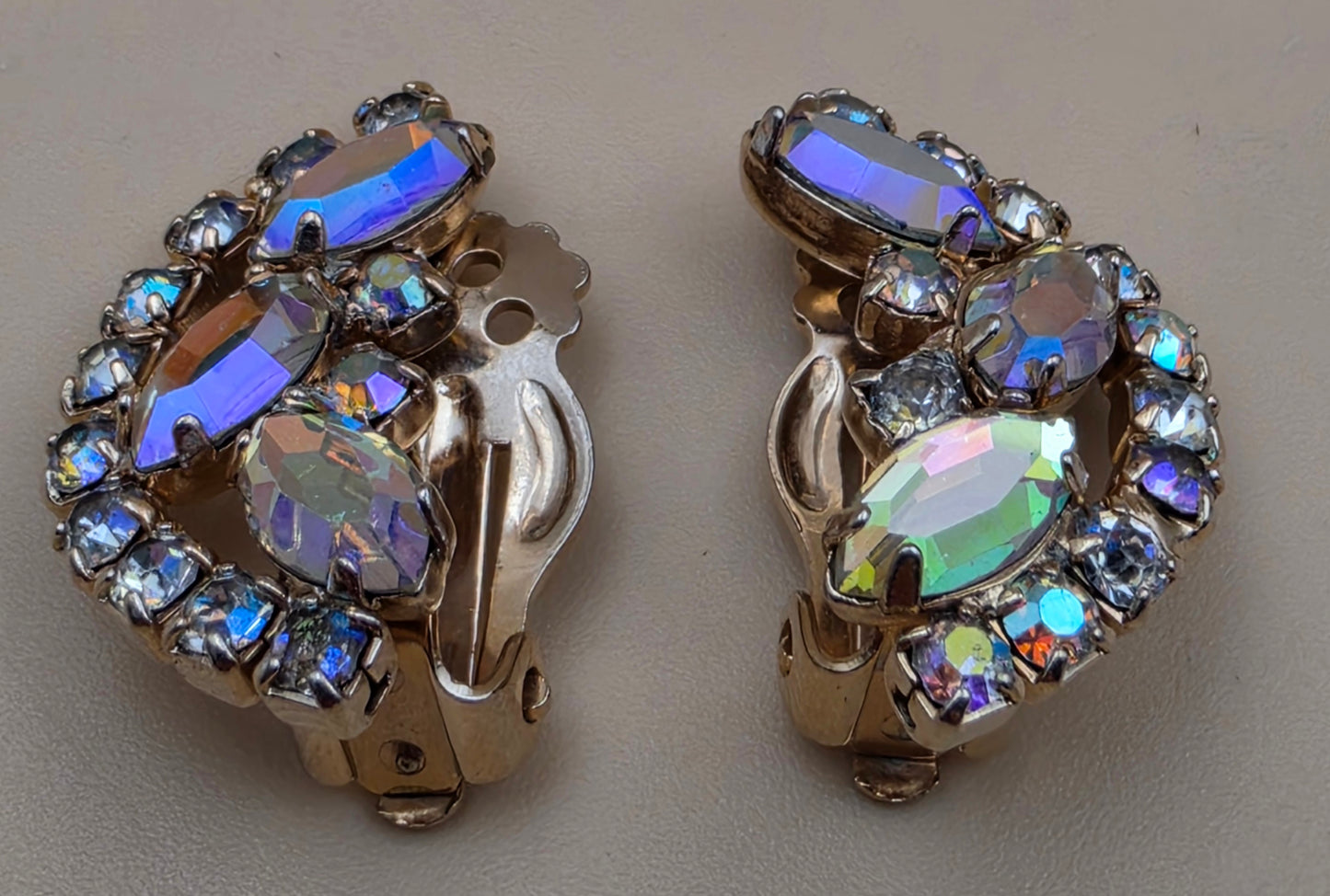 Half Moon Shaped Aurora Borealis/Goldtone Vintage 1950's-60's Clip On Earrings