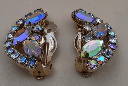 Half Moon Shaped Aurora Borealis/Goldtone Vintage 1950's-60's Clip On Earrings