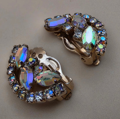 Half Moon Shaped Aurora Borealis/Goldtone Vintage 1950's-60's Clip On Earrings