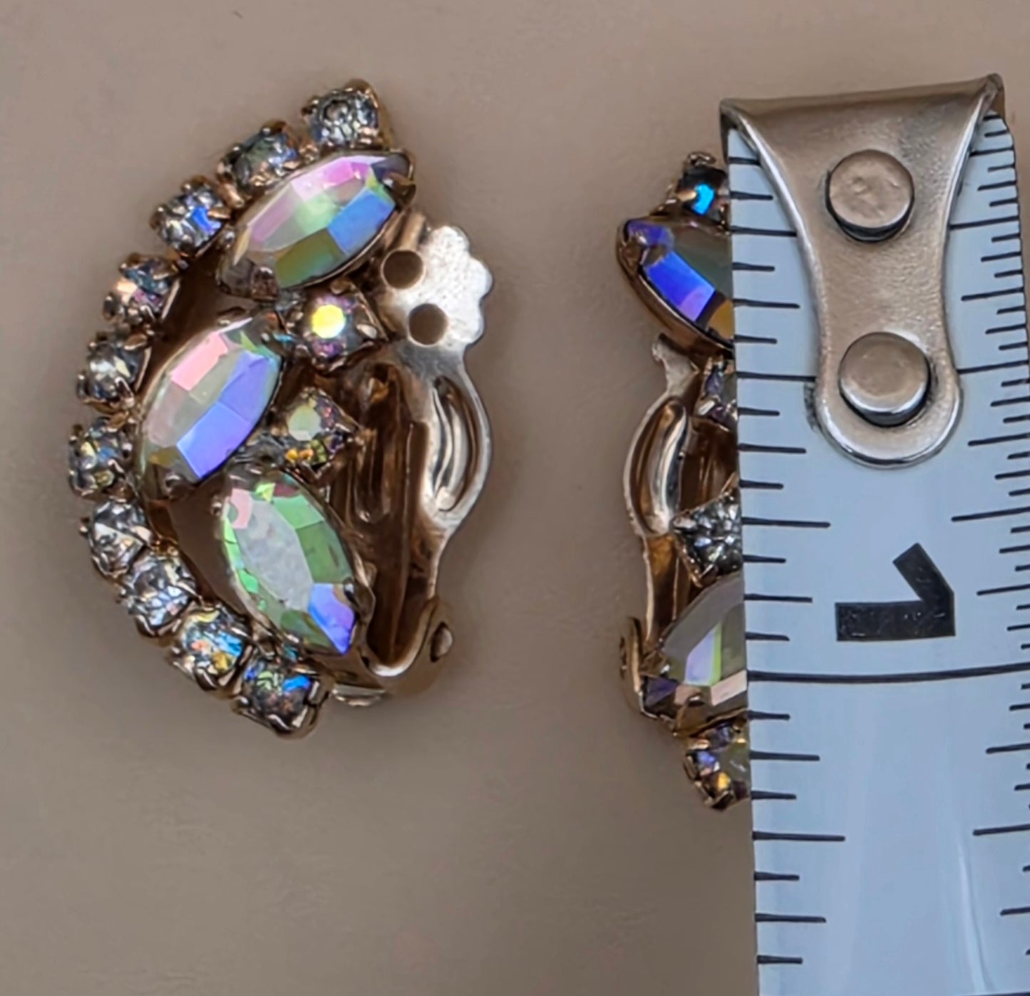 Half Moon Shaped Aurora Borealis/Goldtone Vintage 1950's-60's Clip On Earrings