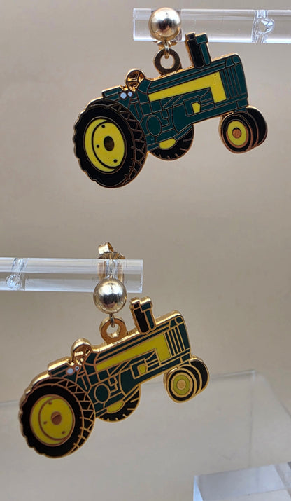 John Deere Styled Green/Yellow/Goldtone Tractor 1" Dangle  Earrings