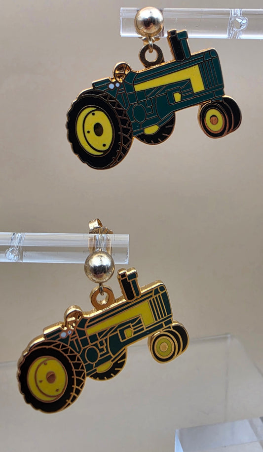 John Deere Styled Green/Yellow/Goldtone Tractor 1" Dangle  Earrings