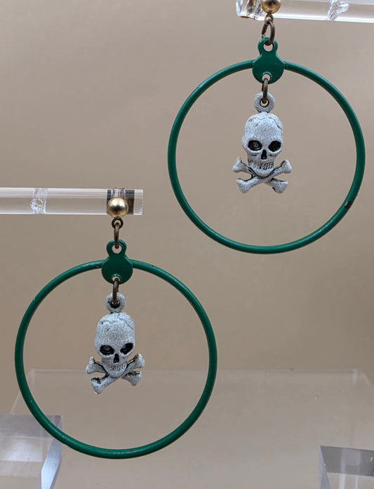 Green Enamel Hoop/Skull and Crossbones Dangle Earrings