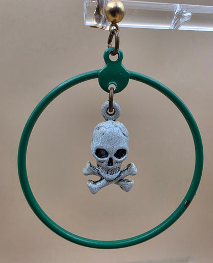 Green Enamel Hoop/Skull and Crossbones Dangle Earrings