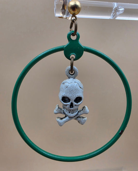 Green Enamel Hoop/Skull and Crossbones Dangle Earrings