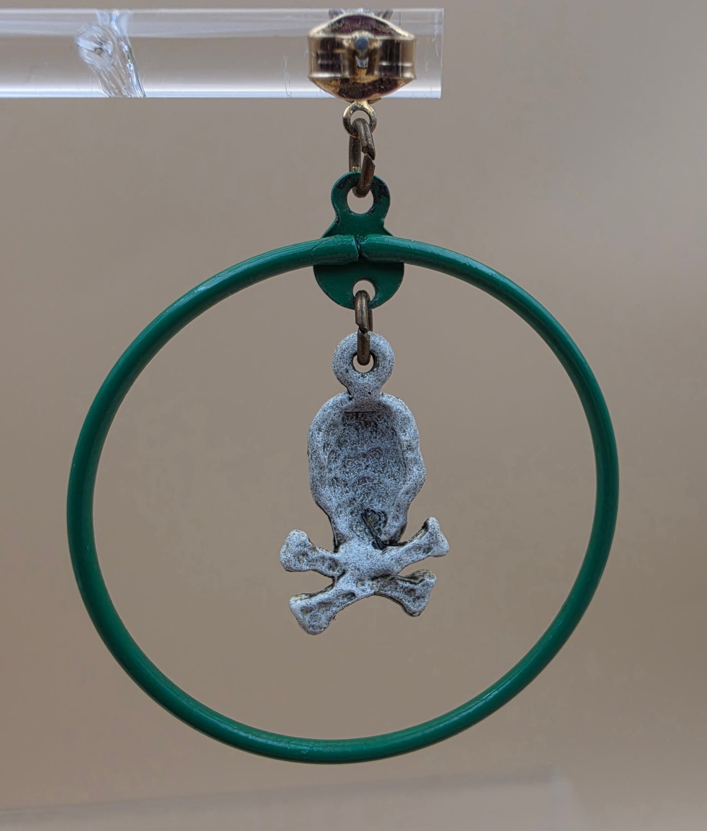Green Enamel Hoop/Skull and Crossbones Dangle Earrings