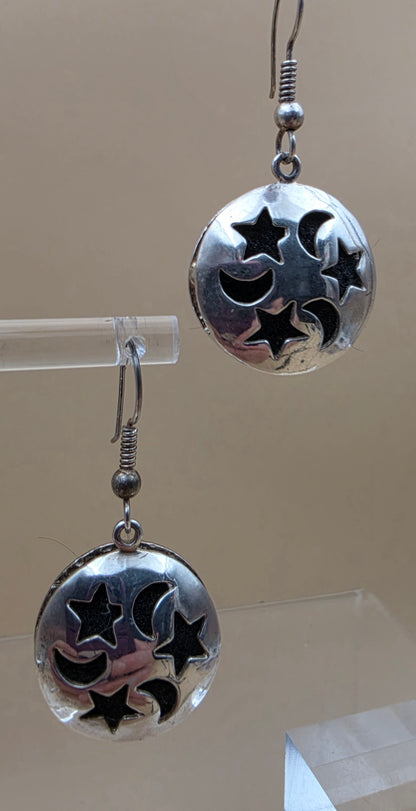 Sterling Silver/Cutout Moon and Stars 1.5" Dangle Earrings