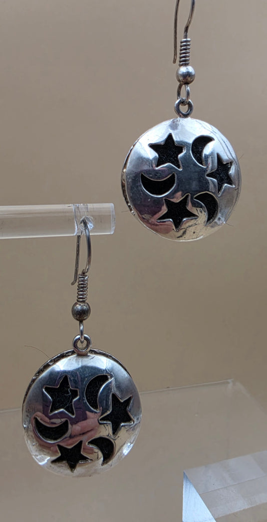 Sterling Silver/Cutout Moon and Stars 1.5" Dangle Earrings