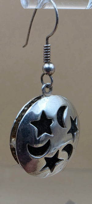 Sterling Silver/Cutout Moon and Stars 1.5" Dangle Earrings