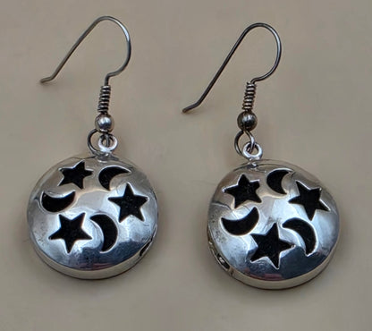Sterling Silver/Cutout Moon and Stars 1.5" Dangle Earrings