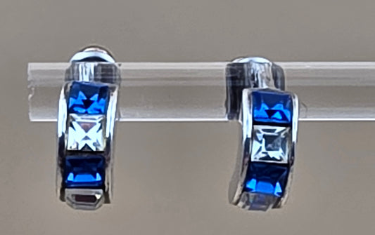 Sterling Silver/Blue and Clear Zircon Huggie Hoop .75" Earrings