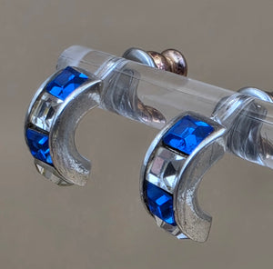 Sterling Silver/Blue and Clear Zircon Huggie Hoop .75" Earrings