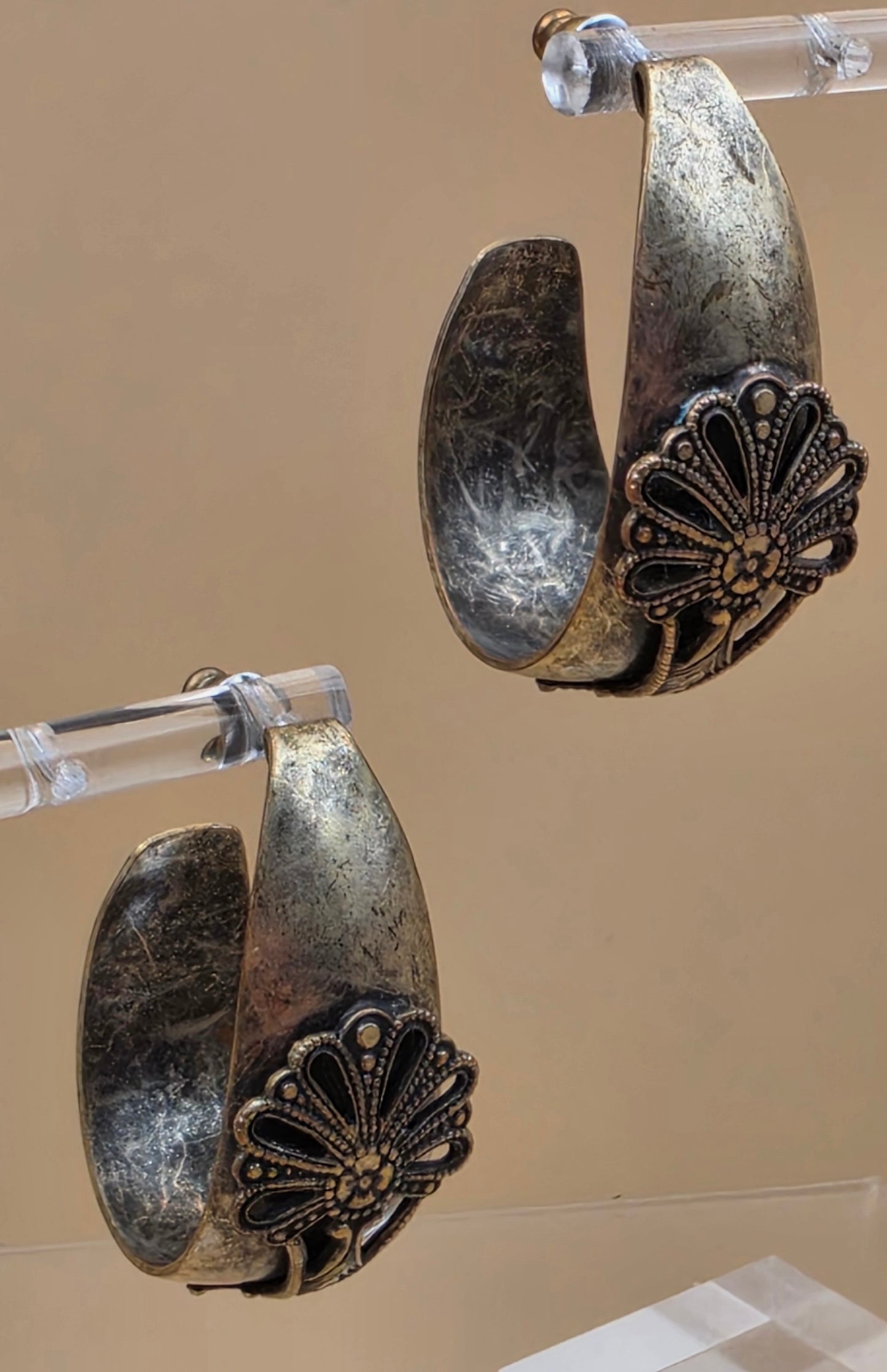 Antiqued Goldtone Art Deco Inspired Hoop Earrings