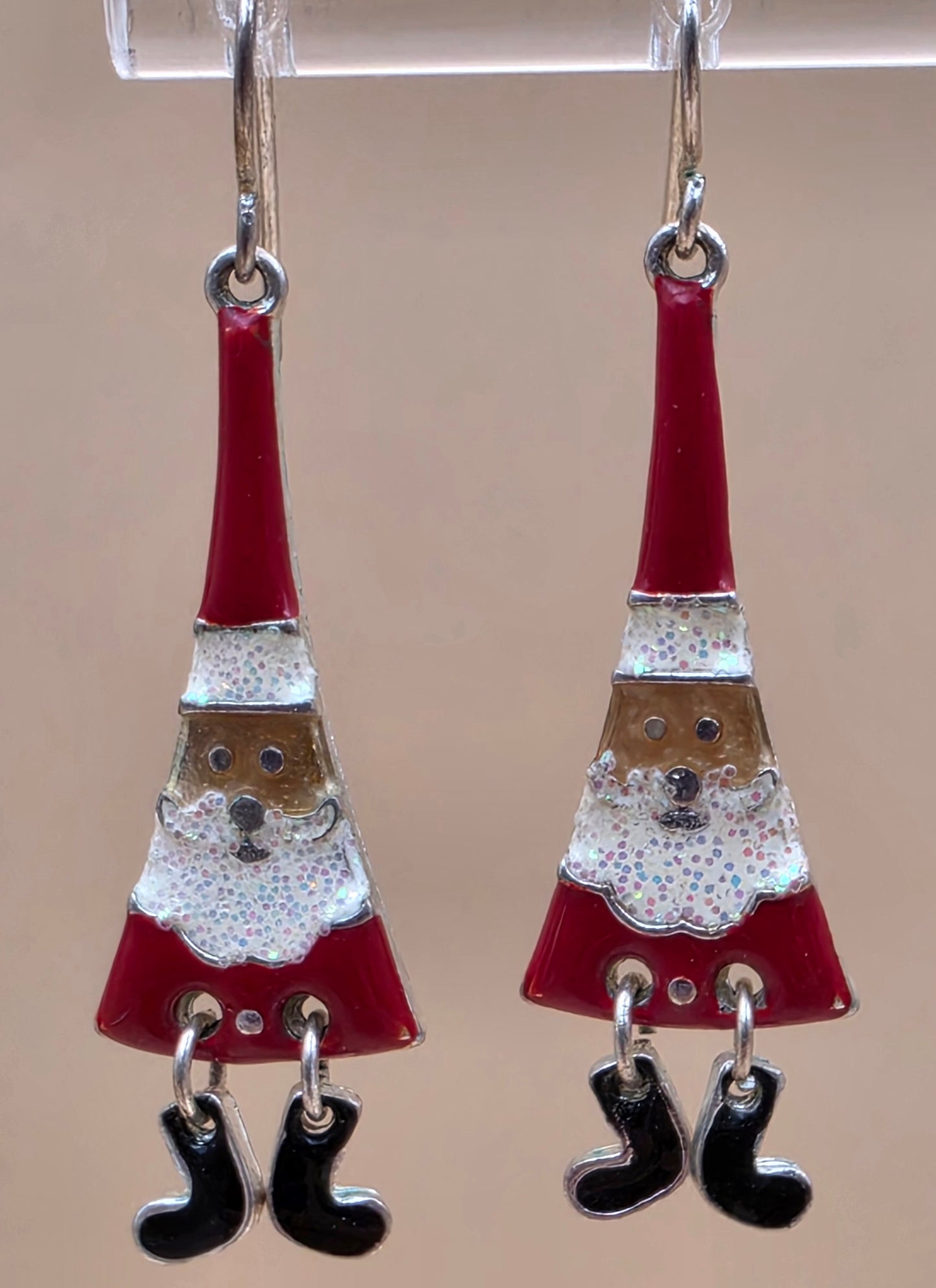 Merry Christmas Santa Claus/Red and White Enamel/Glitter Beard/Dangling Boot 2" Earrings