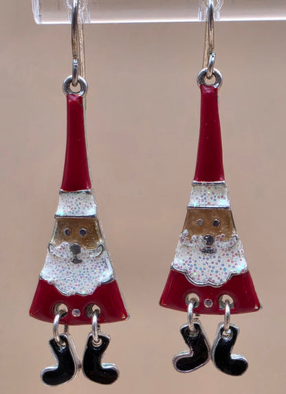 Merry Christmas Santa Claus/Red and White Enamel/Glitter Beard/Dangling Boot 2" Earrings