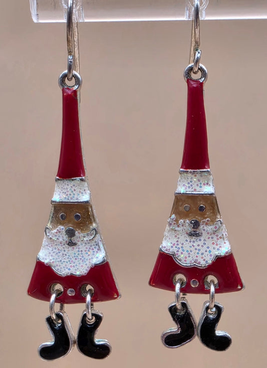 Merry Christmas Santa Claus/Red and White Enamel/Glitter Beard/Dangling Boot 2" Earrings