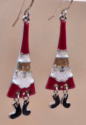 Merry Christmas Santa Claus/Red and White Enamel/Glitter Beard/Dangling Boot 2" Earrings