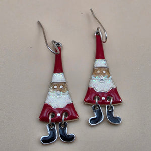 Merry Christmas Santa Claus/Red and White Enamel/Glitter Beard/Dangling Boot 2" Earrings