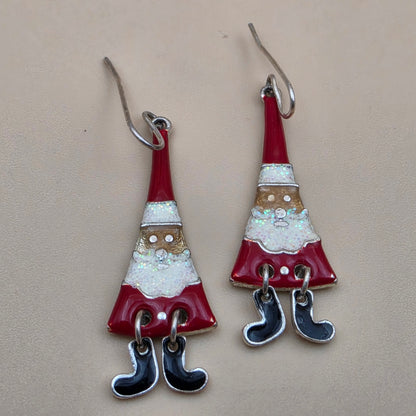 Merry Christmas Santa Claus/Red and White Enamel/Glitter Beard/Dangling Boot 2" Earrings