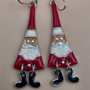 Merry Christmas Santa Claus/Red and White Enamel/Glitter Beard/Dangling Boot 2" Earrings