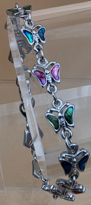 New Zealand Paua Shell Inlaid/Silvertone Butterfly  Panel Bracelet