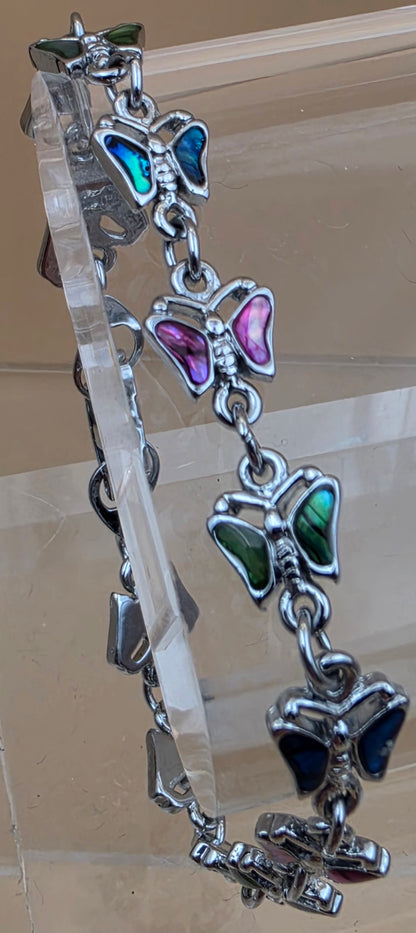 New Zealand Paua Shell Inlaid/Silvertone Butterfly  Panel Bracelet