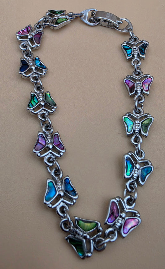 New Zealand Paua Shell Inlaid/Silvertone Butterfly  Panel Bracelet