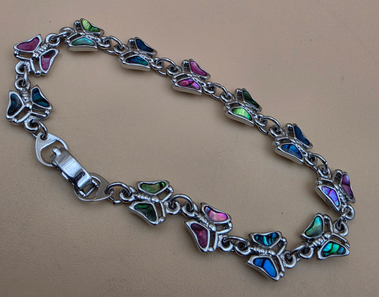 New Zealand Paua Shell Inlaid/Silvertone Butterfly  Panel Bracelet