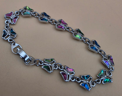 New Zealand Paua Shell Inlaid/Silvertone Butterfly  Panel Bracelet