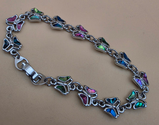 New Zealand Paua Shell Inlaid/Silvertone Butterfly  Panel Bracelet