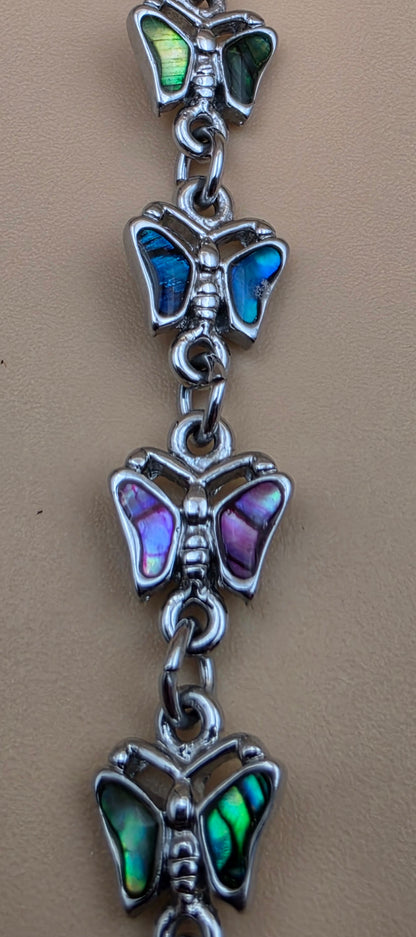 New Zealand Paua Shell Inlaid/Silvertone Butterfly  Panel Bracelet