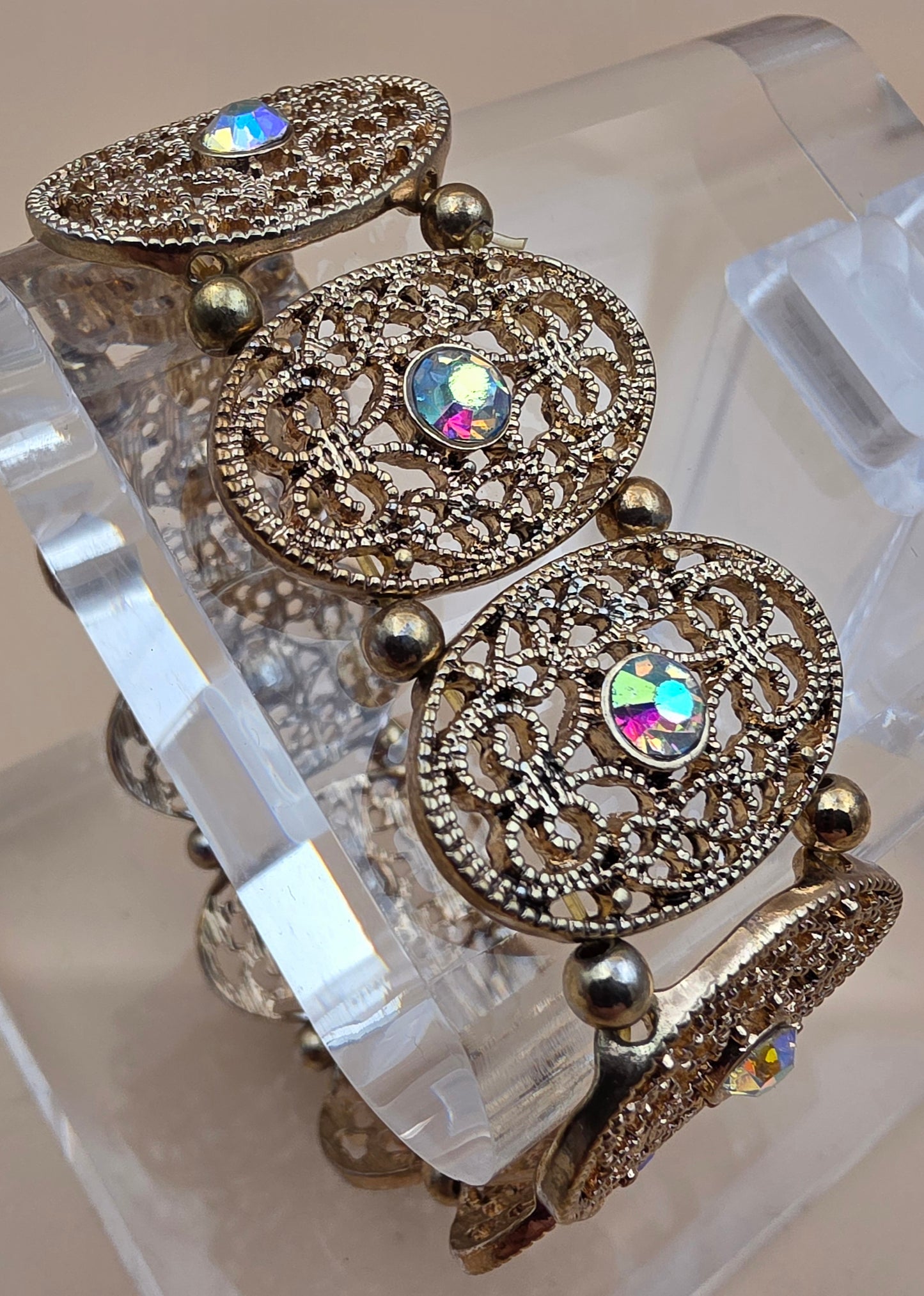1940's- 1950's Antiqued Goldtone Filagree/Aurora Borealis Vintage Stretch Bracelet