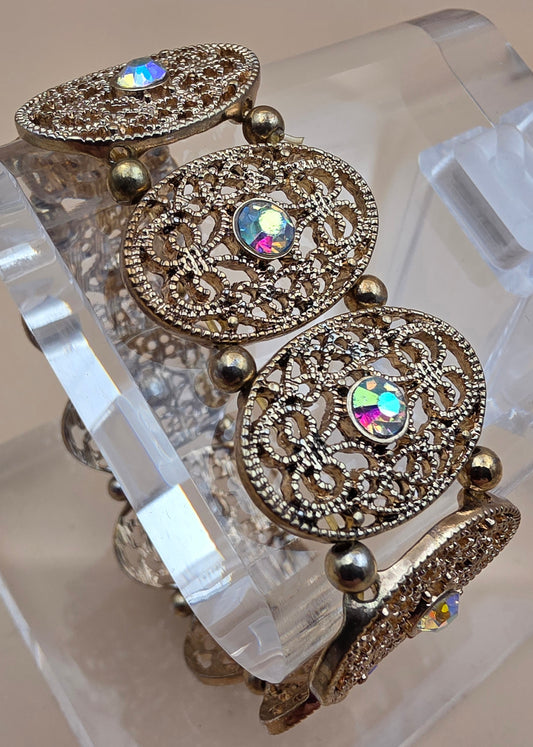 1940's- 1950's Antiqued Goldtone Filagree/Aurora Borealis Vintage Stretch Bracelet