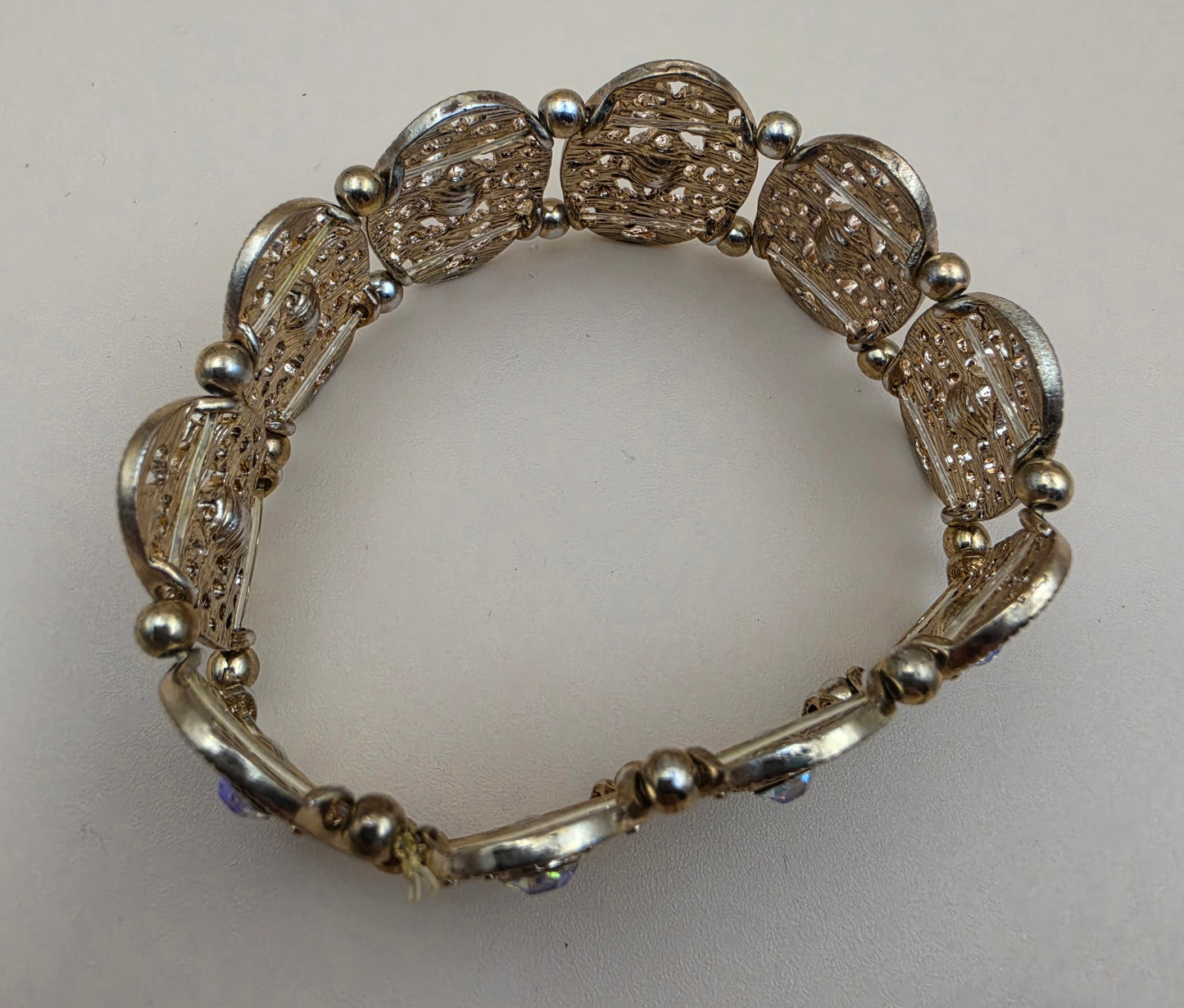 1940's- 1950's Antiqued Goldtone Filagree/Aurora Borealis Vintage Stretch Bracelet