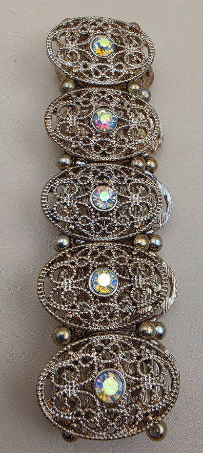 1940's- 1950's Antiqued Goldtone Filagree/Aurora Borealis Vintage Stretch Bracelet
