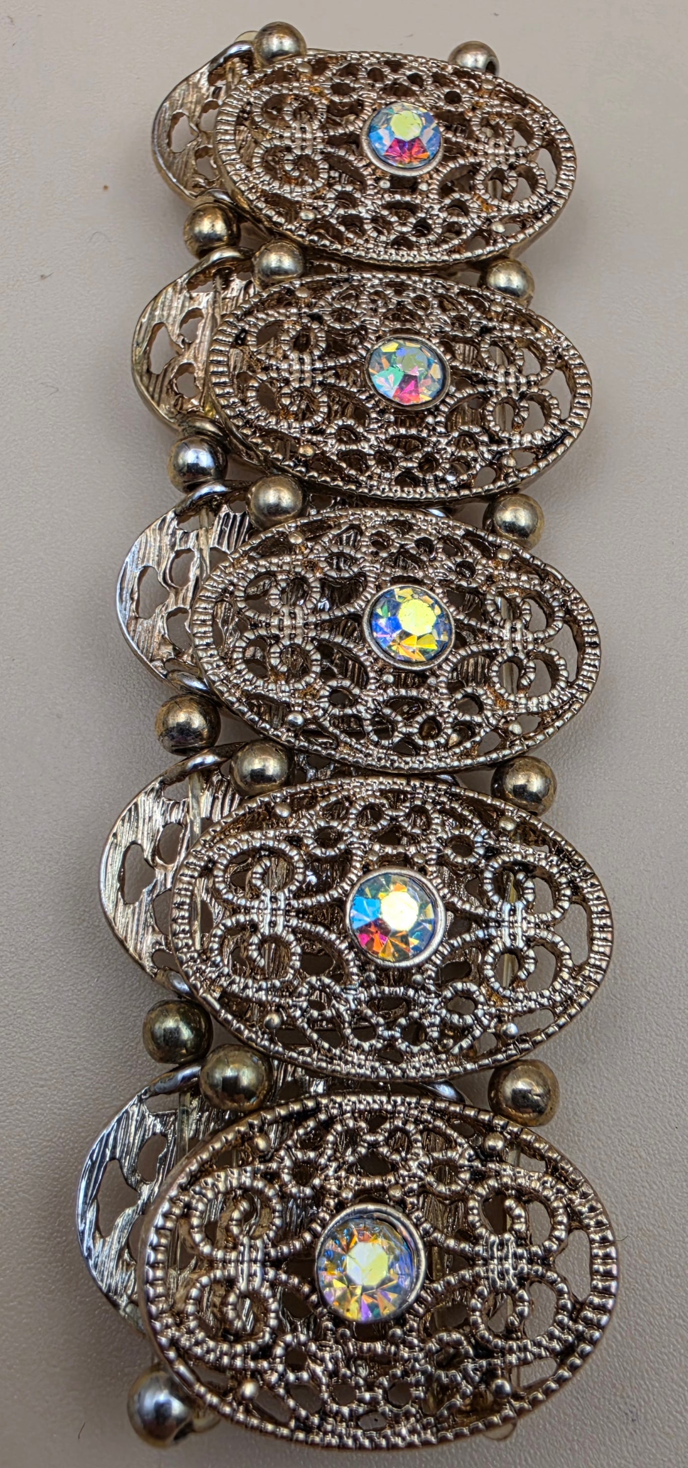 1940's- 1950's Antiqued Goldtone Filagree/Aurora Borealis Vintage Stretch Bracelet