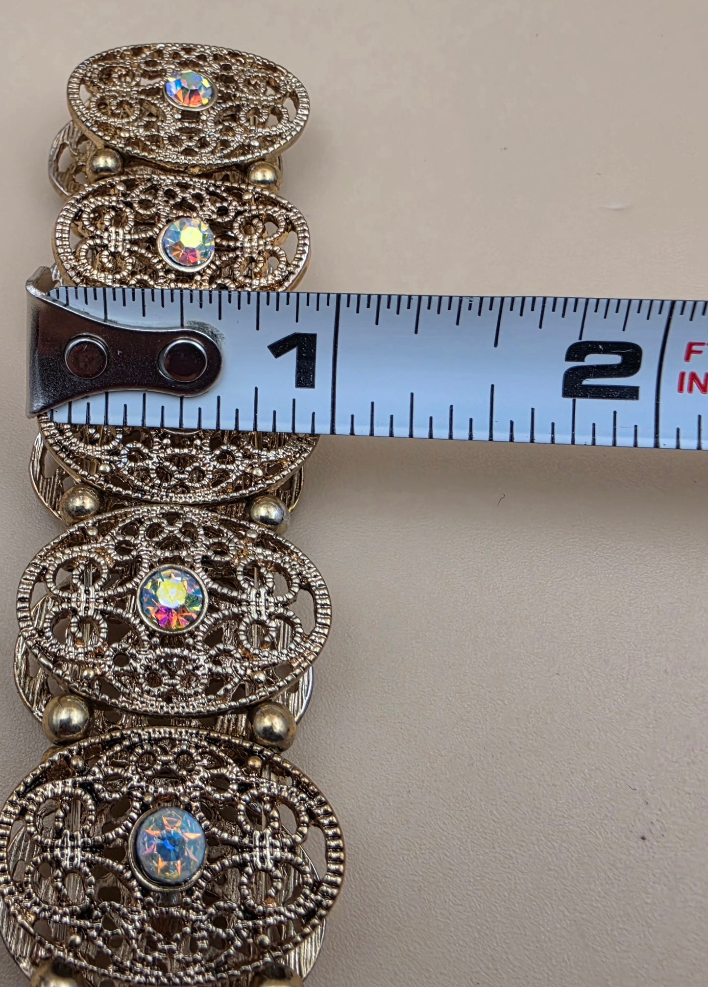1940's- 1950's Antiqued Goldtone Filagree/Aurora Borealis Vintage Stretch Bracelet