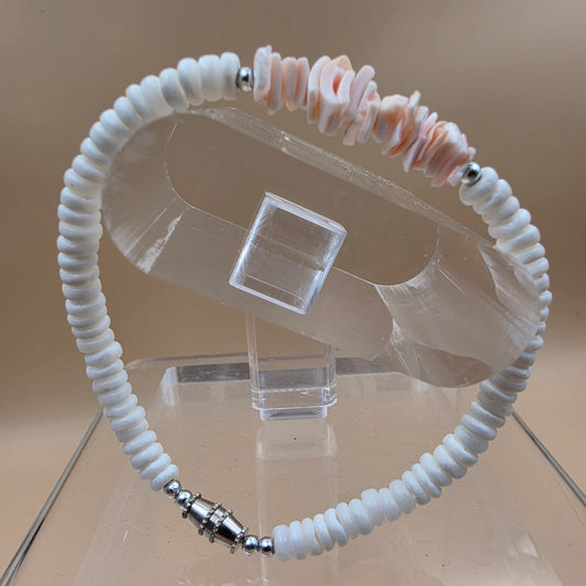 Pink and White/Silvertone 8" Shell Bracelet
